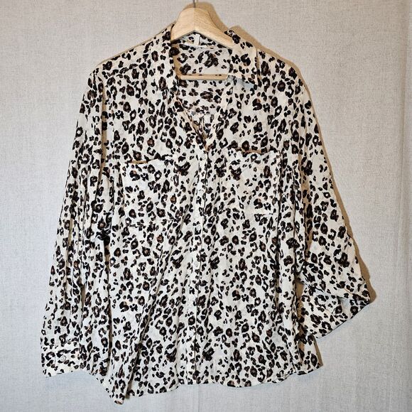 Maurices Tops - Maurices Leopard Animal Print Cream Brown Black Crepe Button Up Tab Sleeves 1X